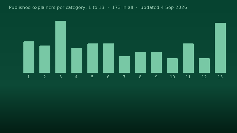 Bar chart of the 173 published explainers in the income library, counted by category from 1 to 13: 15, 13, 25, 12, 14, 14, 8, 10, 10, 7, 14, 7, 24.